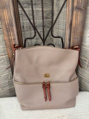 Dooney & Bourke Taupe Pebble Leather Shoulder Bag with Brown Trim